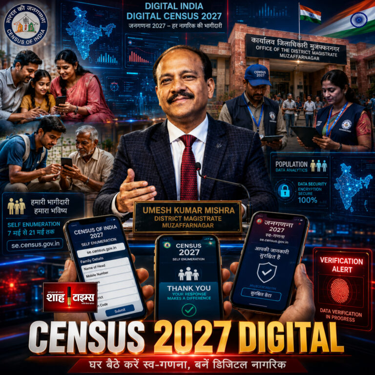 Shah Times digital census campaign visual showing Muzaffarnagar Self Enumeration 2027 process