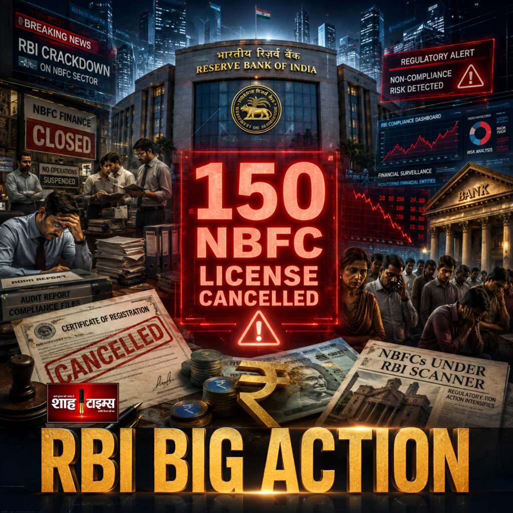 Shah Times cinematic newsroom visual showing RBI crackdown on NBFC finance companies