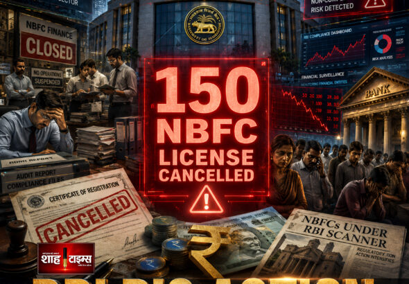 Shah Times cinematic newsroom visual showing RBI crackdown on NBFC finance companies