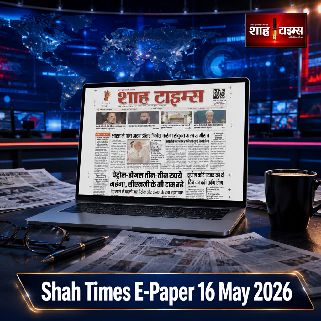 16 मई 2026 के शाह टाइम्स ई-पेपर के फ्रंट पेज पर पेट्रोल-डीज़ल की कीमतों में बढ़ोतरी, UAE में निवेश और भारत की बड़ी खबरें।