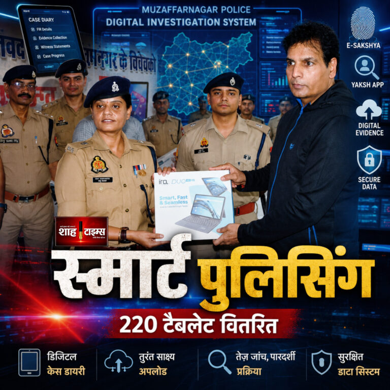 शाह टाइम्स मुजफ्फरनगर पुलिस एसएसपी संजय कुमार वर्मा डिजिटल पुलिसिंग के लिए जांचकर्ताओं को टैबलेट वितरित कर रहे हैं