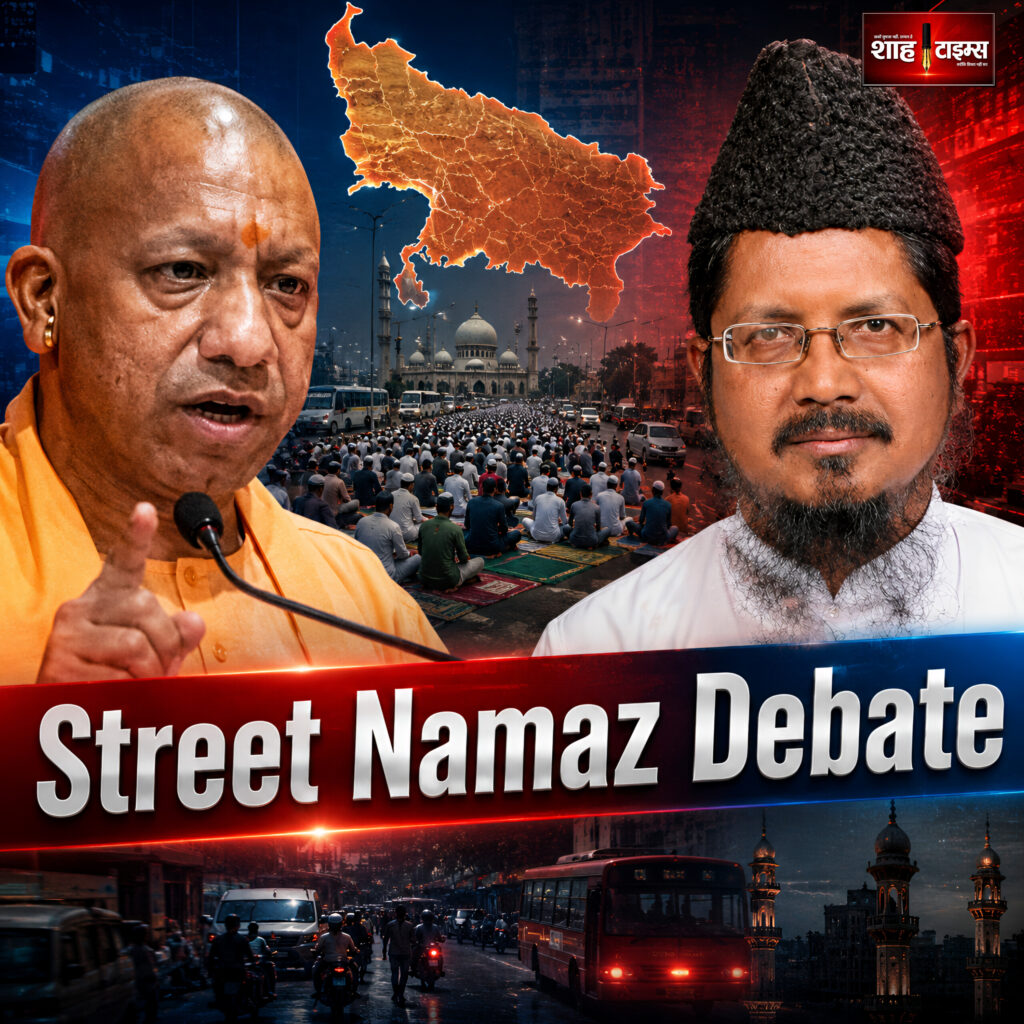 Shah Times thumbnail showing Yogi Adityanath and Maulana Shahabuddin Razvi during Uttar Pradesh street namaz debate.
