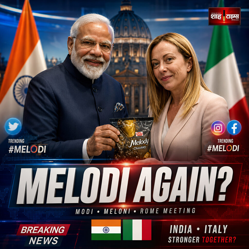 Shah Times image showing PM Narendra Modi and Giorgia Meloni during Italy visit with Melody chocolate reference
