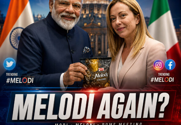 Shah Times image showing PM Narendra Modi and Giorgia Meloni during Italy visit with Melody chocolate reference