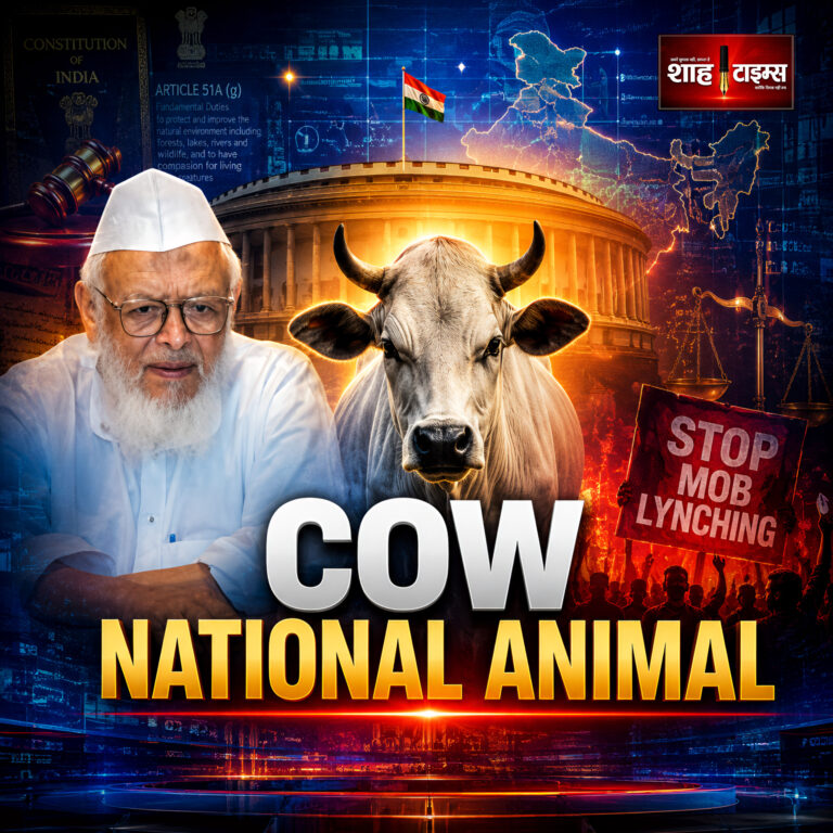 Shah Times graphic showing debate over cow as national animal and mob lynching politics in India.
