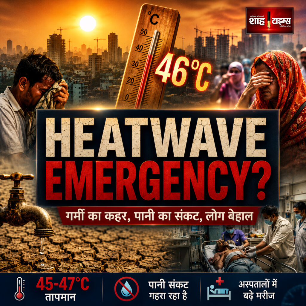 Shah Times visual showing extreme heatwave conditions and water crisis in India
