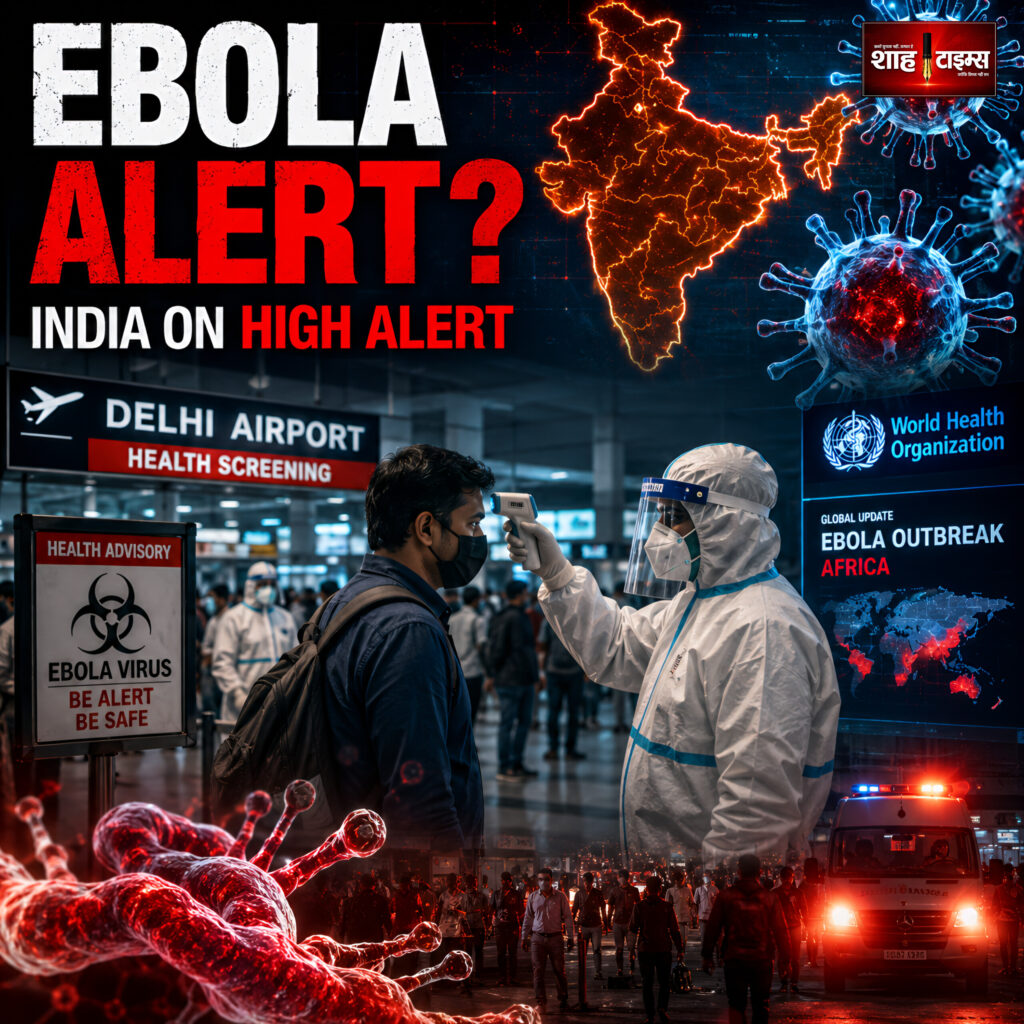 Shah Times Ebola Virus Alert visual showing airport health screening and emergency monitoring in India.