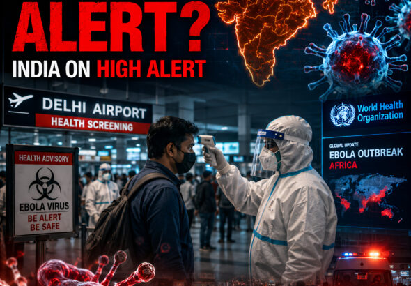 Shah Times Ebola Virus Alert visual showing airport health screening and emergency monitoring in India.