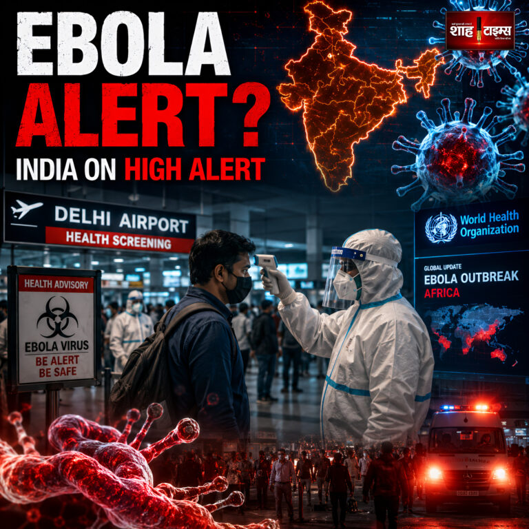 Shah Times Ebola Virus Alert visual showing airport health screening and emergency monitoring in India.