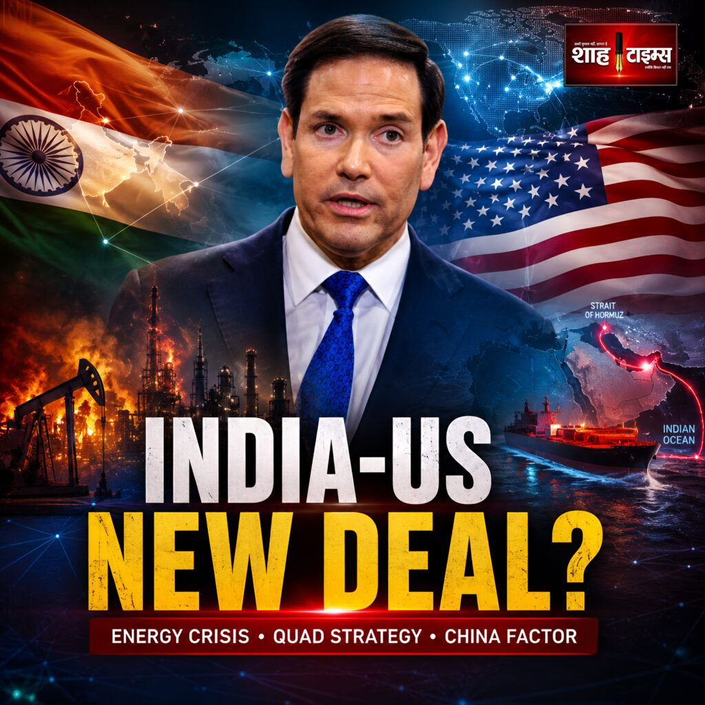 US Secretary Marco Rubio with India and USA flags during discussions on energy crisis, QUAD strategy and India-US diplomatic relations.