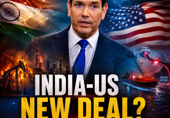 US Secretary Marco Rubio with India and USA flags during discussions on energy crisis, QUAD strategy and India-US diplomatic relations.