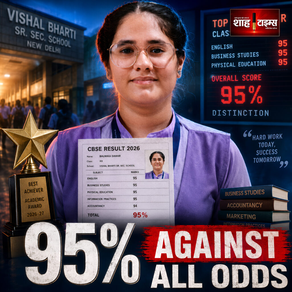 Shah Times featured image of Delhi student Bhumiqa Dawar celebrating 95 percent board exam success