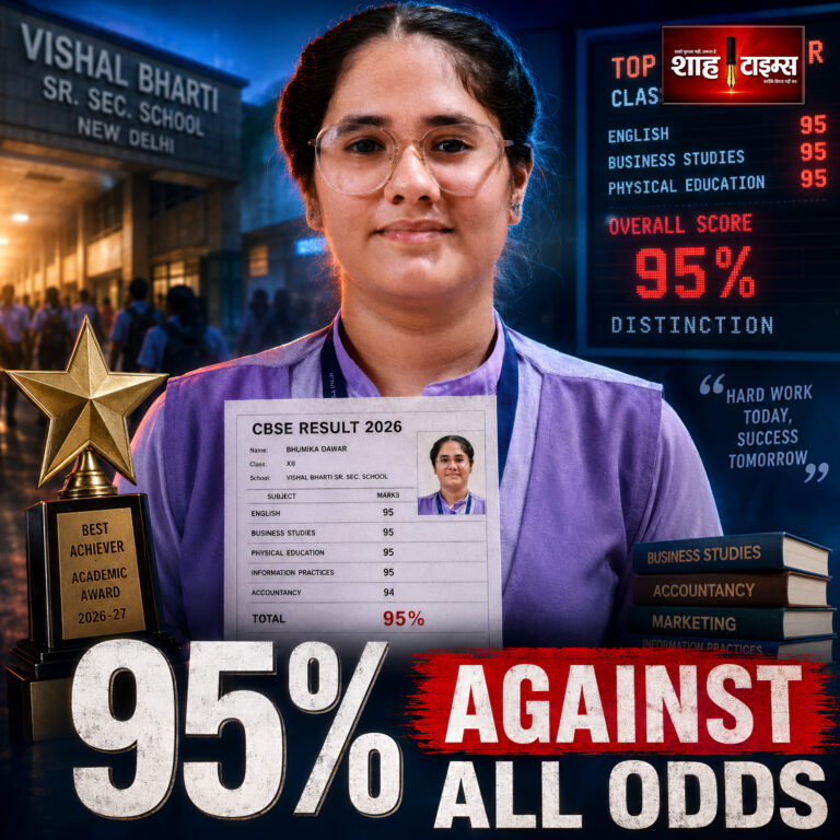 Shah Times featured image of Delhi student Bhumiqa Dawar celebrating 95 percent board exam success