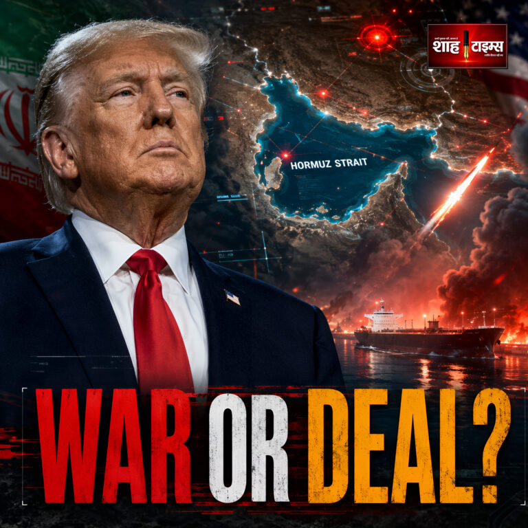 Shah Times cinematic Iran US crisis editorial thumbnail with Donald Trump and Middle East war tension visuals.