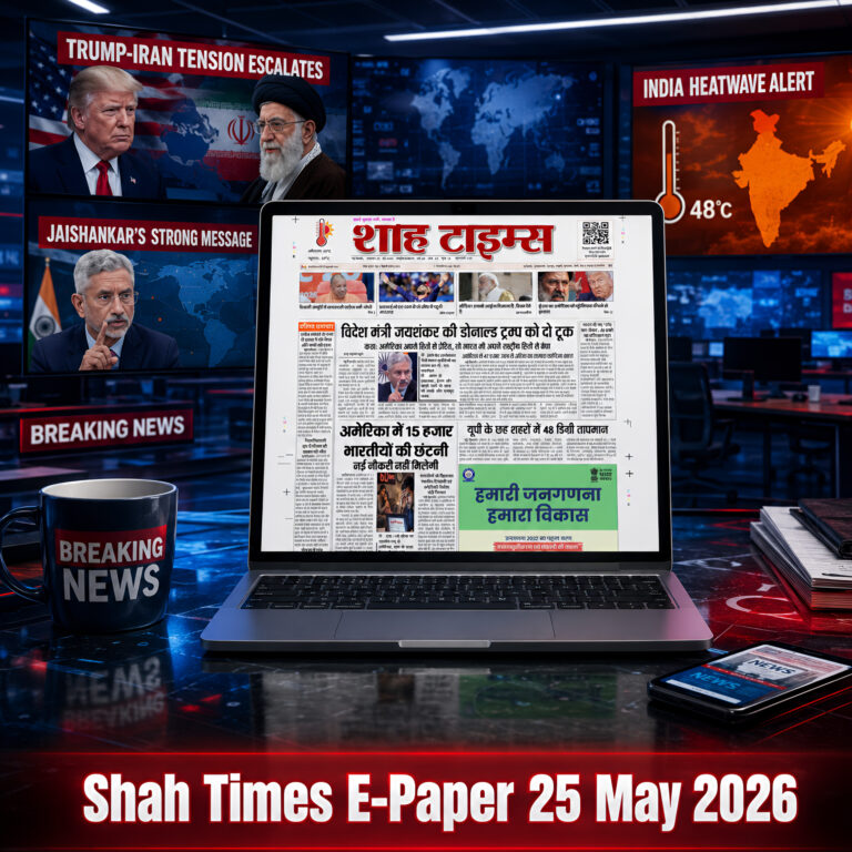 Front page of Shah Times E-Paper dated 25 May 2026 featuring global diplomacy, India heatwave crisis, political headlines, and breaking international developments