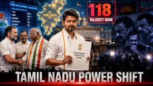 Shah Times graphic showing Vijay, Tamil Nadu Assembly politics and Congress support to TVK.