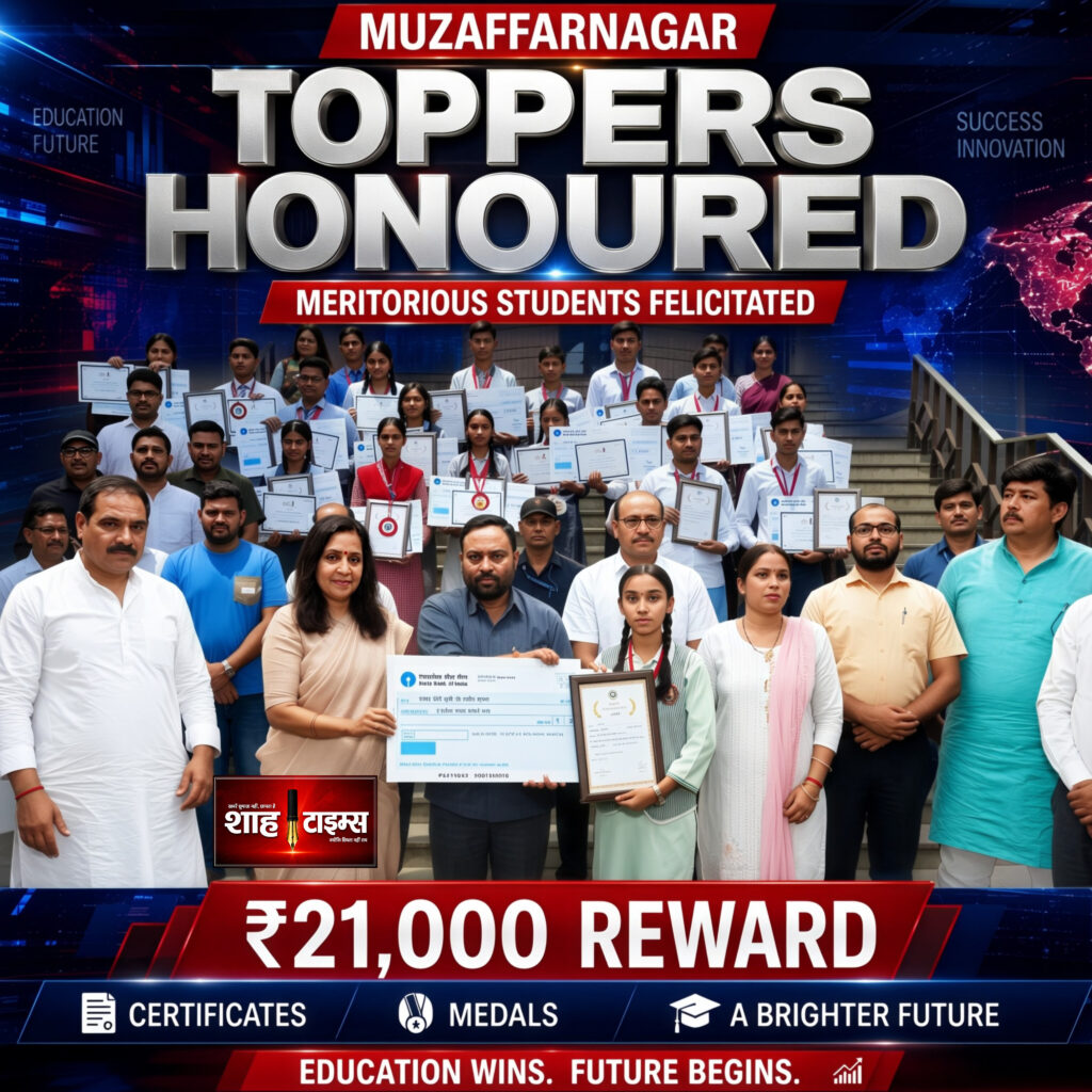 Shah Times Muzaffarnagar students receiving medals certificates and reward cheques.