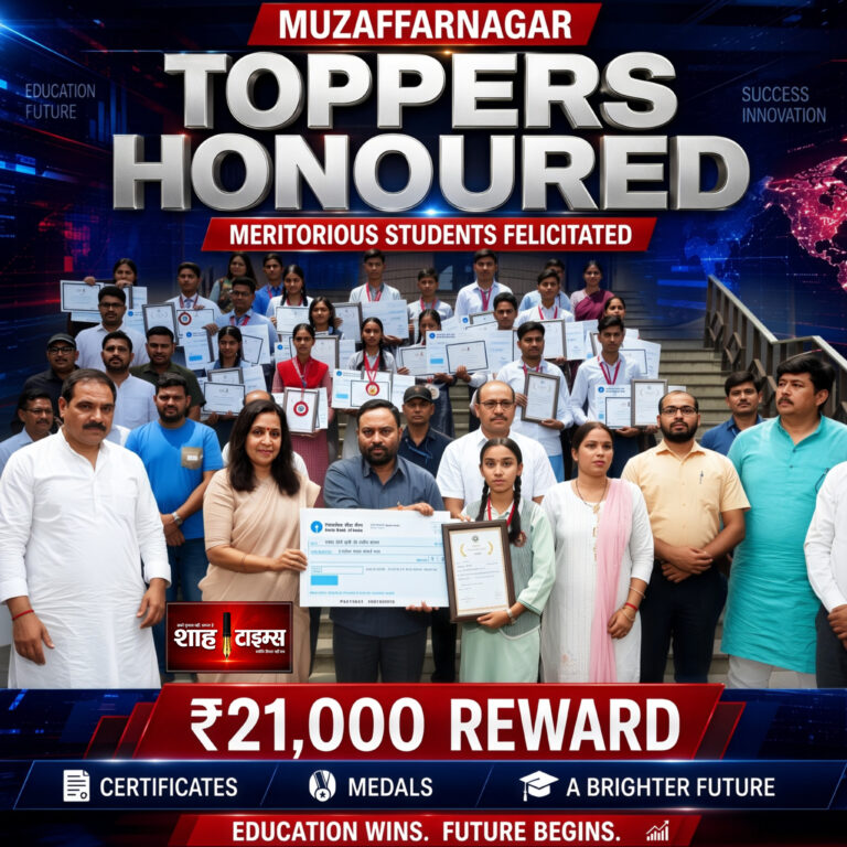 Shah Times Muzaffarnagar students receiving medals certificates and reward cheques.