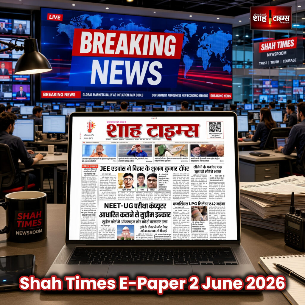 शाह टाइम्स ई-पेपर 2 जून 2026 के फ्रंट पेज पर JEE Advanced टॉपर, NEET-UG अपडेट, GST संग्रह और राष्ट्रीय खबरें प्रमुखता से प्रकाशित।
