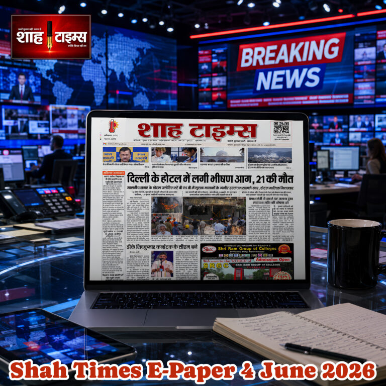 शाह टाइम्स ई-पेपर 4 जून 2026 का प्रथम पृष्ठ, जिसमें दिल्ली होटल आग हादसा सहित प्रमुख राष्ट्रीय और अंतरराष्ट्रीय समाचार प्रकाशित हैं।