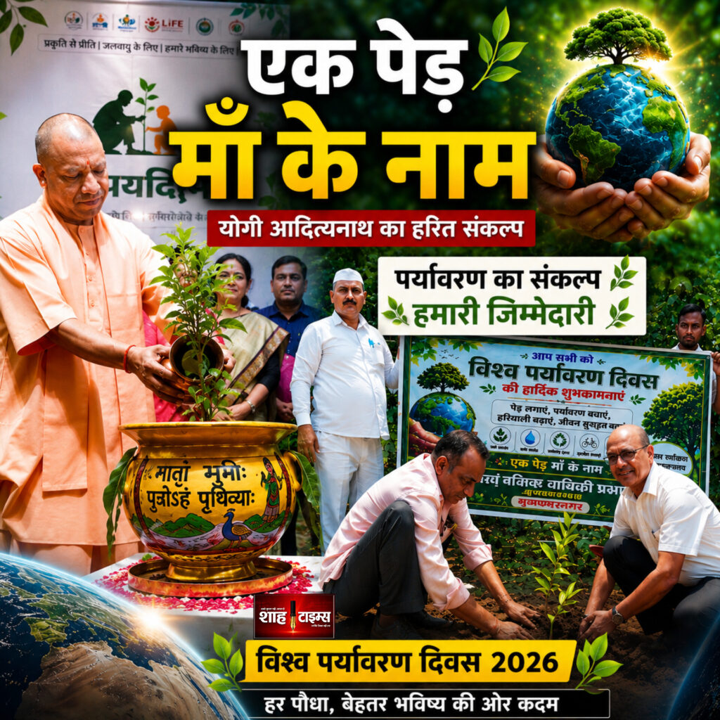 एक पेड़ माँ के नाम अभियान के तहत विश्व पर्यावरण दिवस 2026 पर मुख्यमंत्री योगी आदित्यनाथ और मुजफ्फरनगर प्रशासन द्वारा पर्यावरण संरक्षण एवं वृक्षारोपण का संदेश देते हुए।