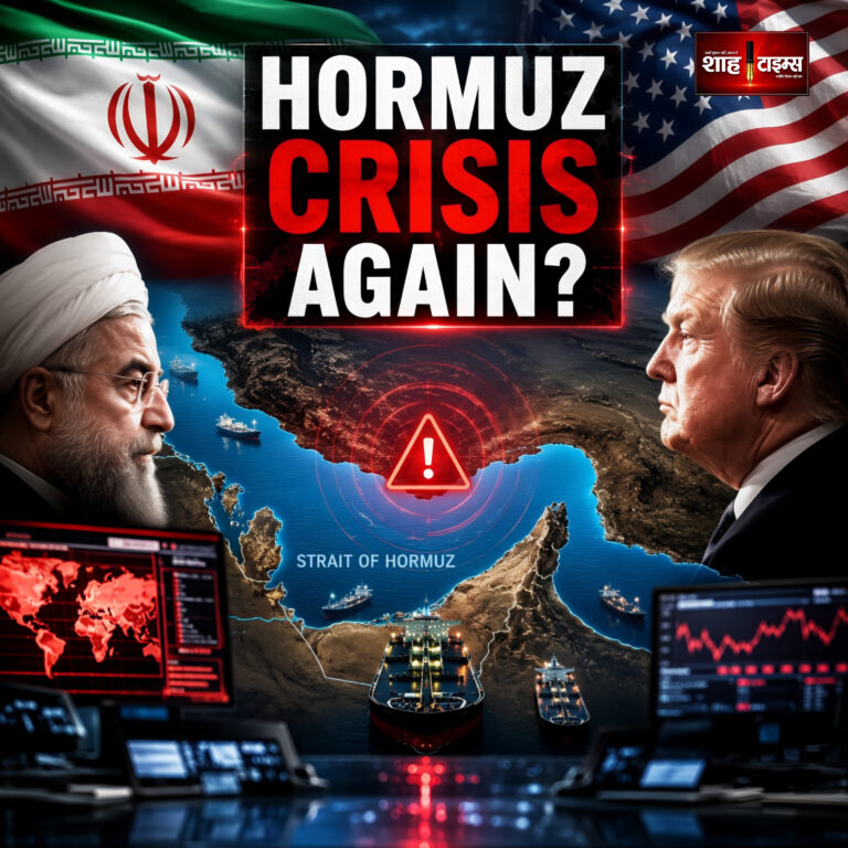 Shah Times breaking news graphic showing Iran US conflict and Strait of Hormuz crisis